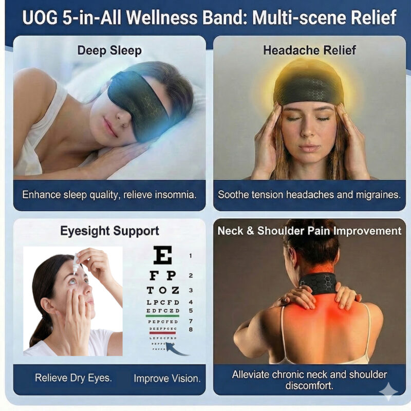 UOG 웰니스 밴드. 5가지 기능을 모두 갖춘 웰니스 밴드 – CES 2026에서 수상 경력에 빛나는 세계 최초 제품! 숙면, 두통 완화, 시력 개선, 목과 어깨 통증 완화 | 부드럽고 유연한 원사이즈 천연 릴랙세이션 밴드